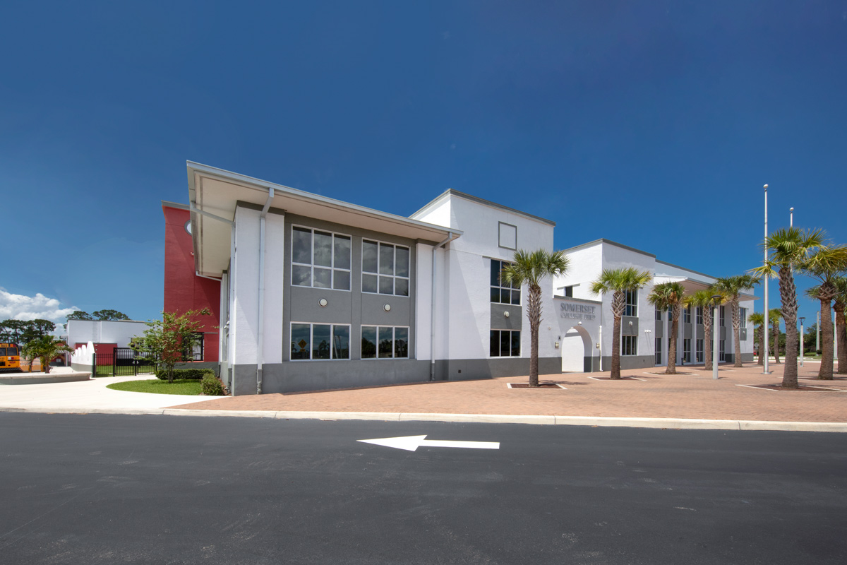 Architectural view of the Somerset Collegiate Preparatory Academy chater high school in Port St Lucie, FL